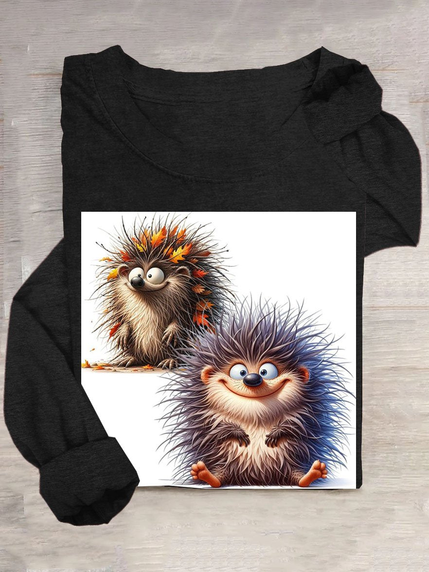 Funny Hedgehog Printed Crew Neck Long Sleeve T-Shirt