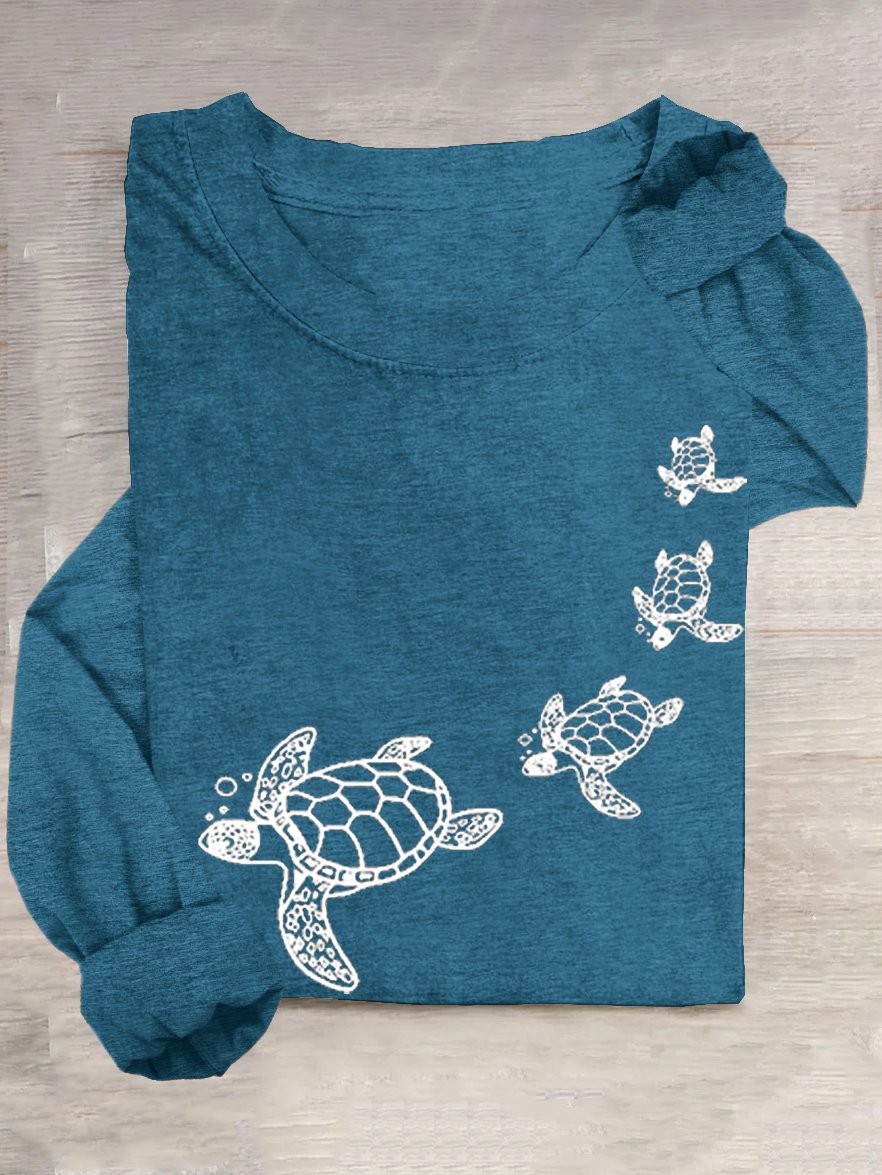 Casual Crew Neck Cotton-Blend Turtle T-Shirt