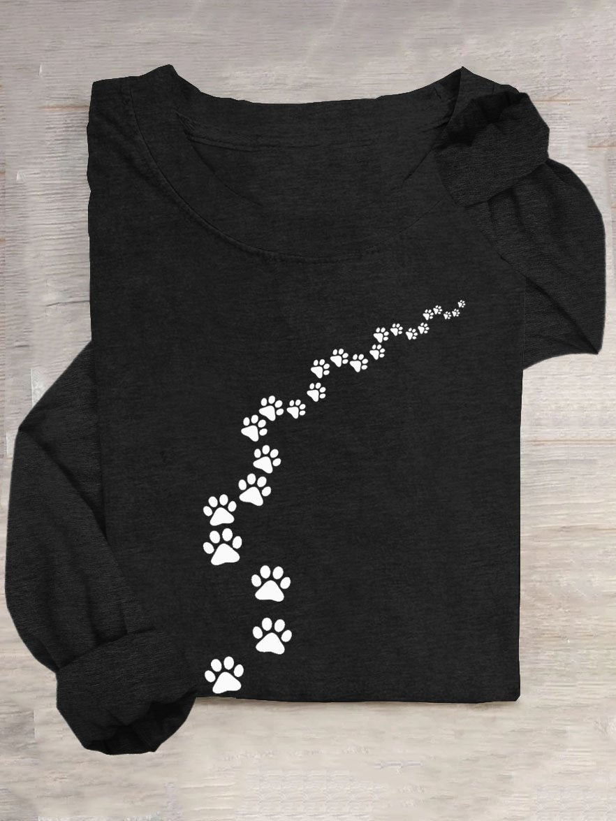 Funny Dog Footprint Pattern Casual Crew Neck Long Sleeve T-Shirt