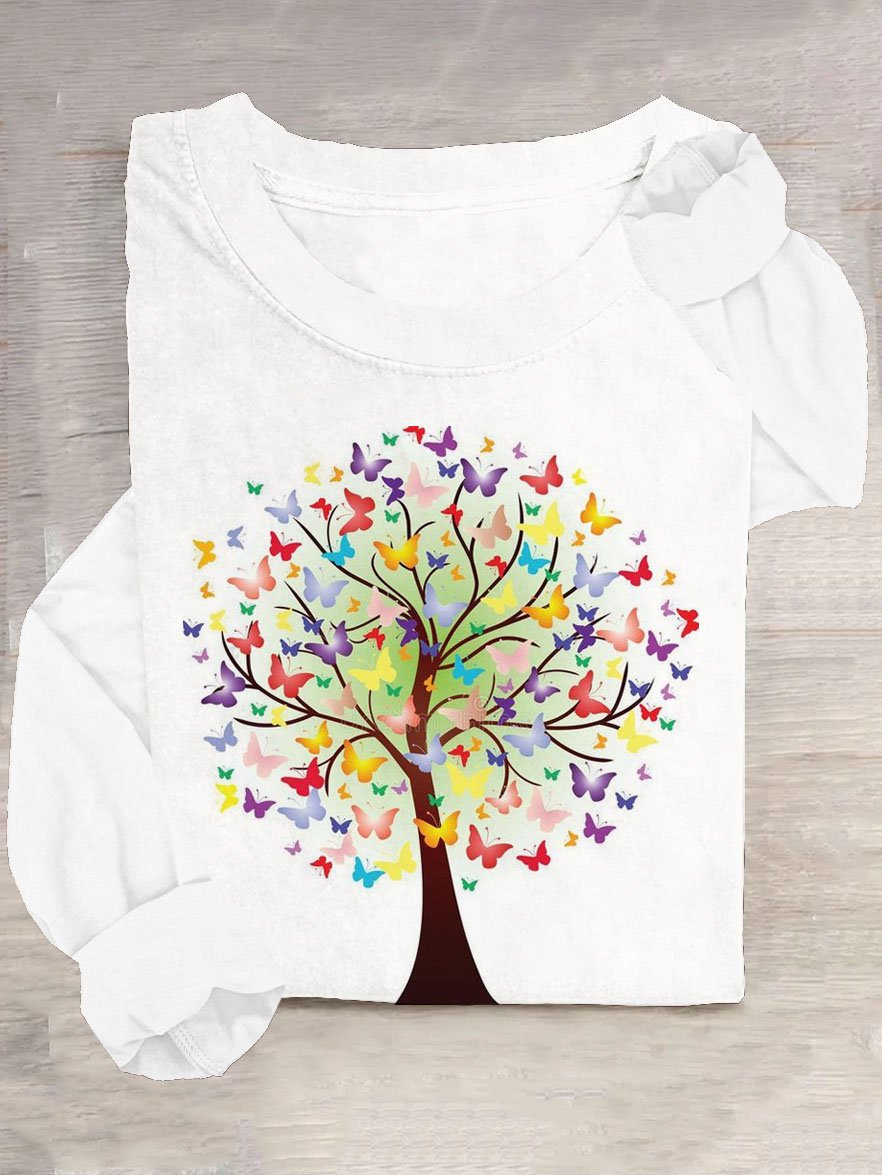 Casual Butterfly & Tree Printed Cotton-Blend T-Shirt