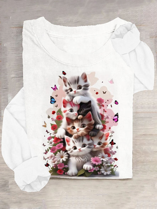 Butterfly & Cat Printed Crew Neck Casual T-Shirt