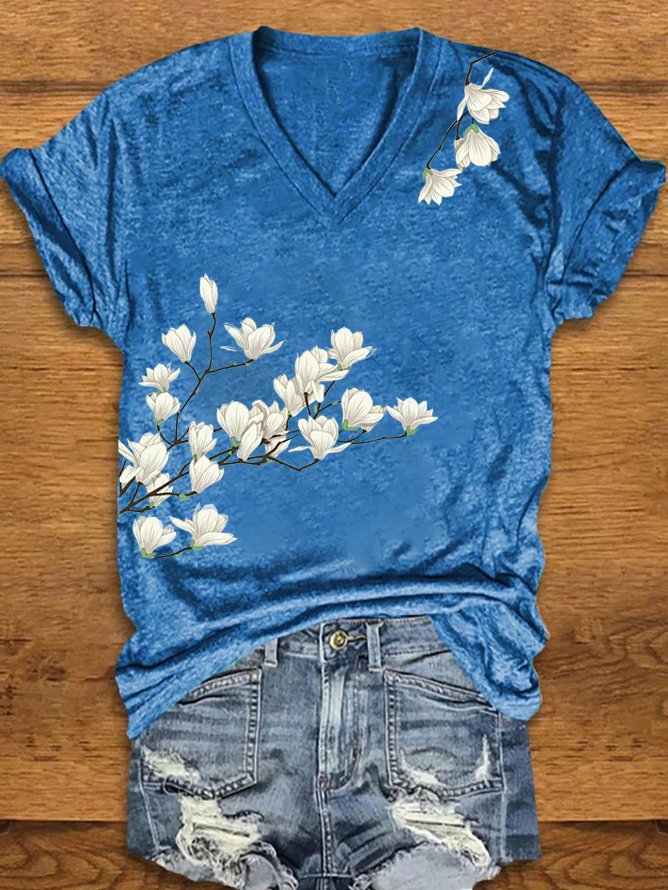 Casual Floral V Neck T-Shirt