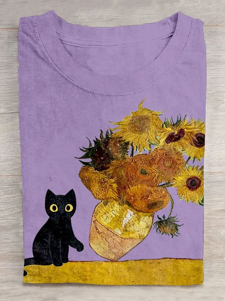 Floral & Cat Prited T-Shirt