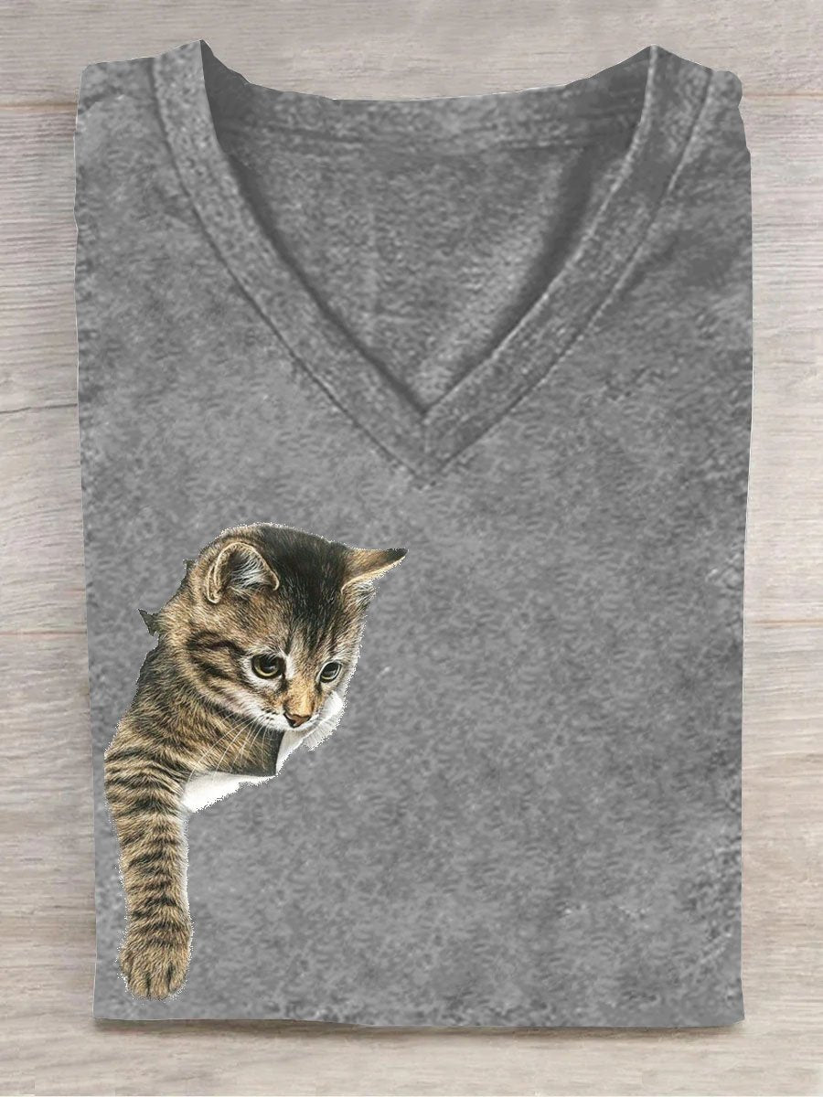 Casual V Neck Cat Cotton T-Shirt