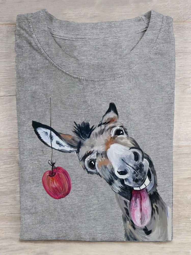 Funny Horse Eat Apple Printed Loose T-Shirt