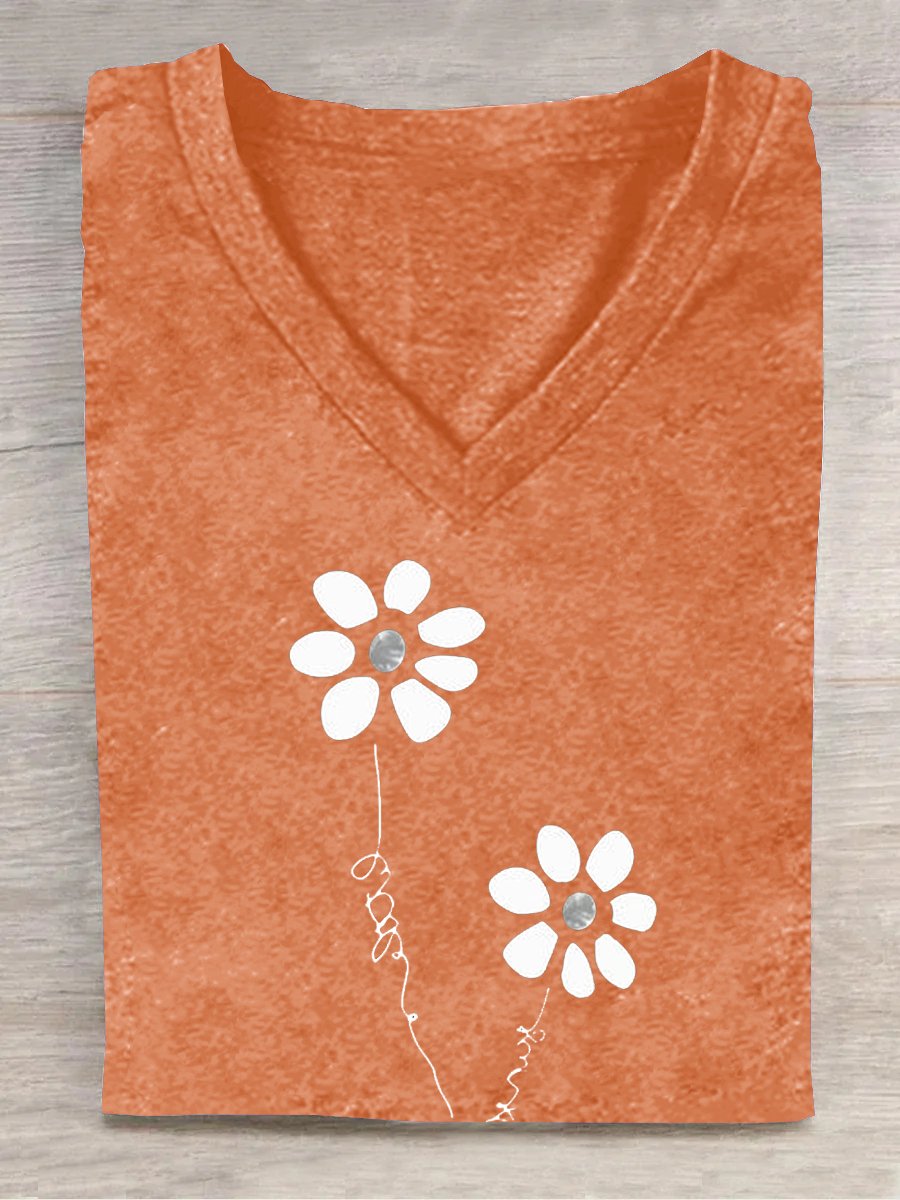 Loose Floral Casual V Neck T-Shirt