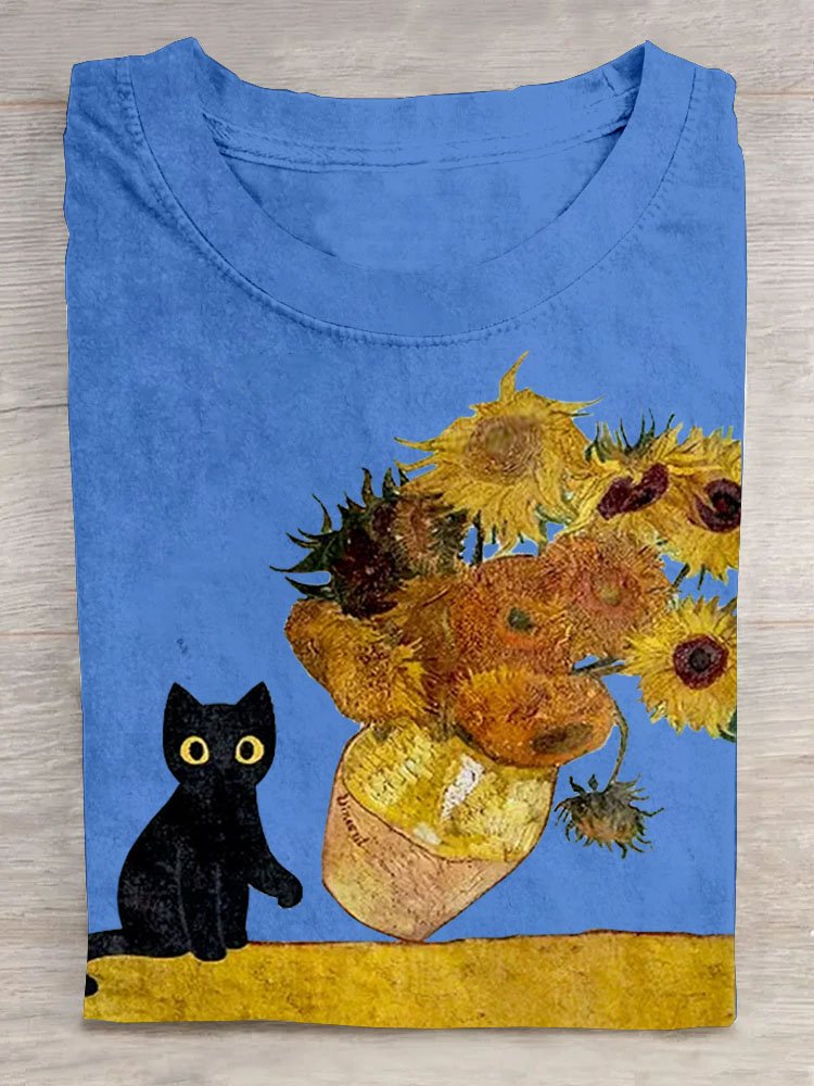 Floral & Cat Prited T-Shirt