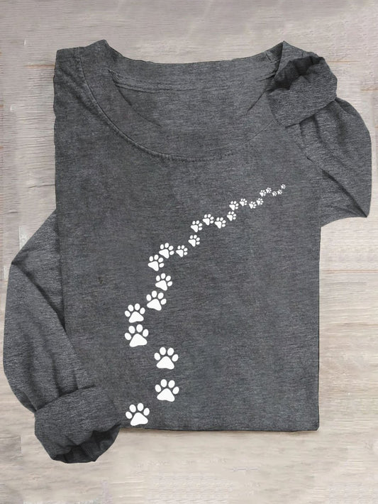 Funny Dog Footprint Pattern Casual Crew Neck Long Sleeve T-Shirt