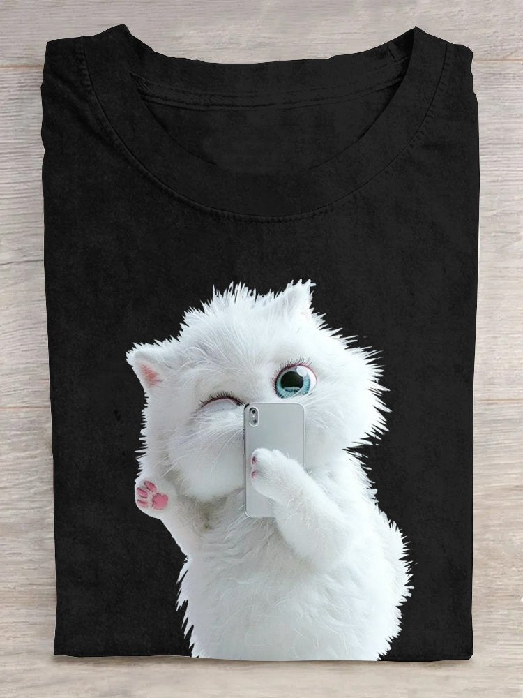 Crew Neck Casual Cat Loose T-Shirt