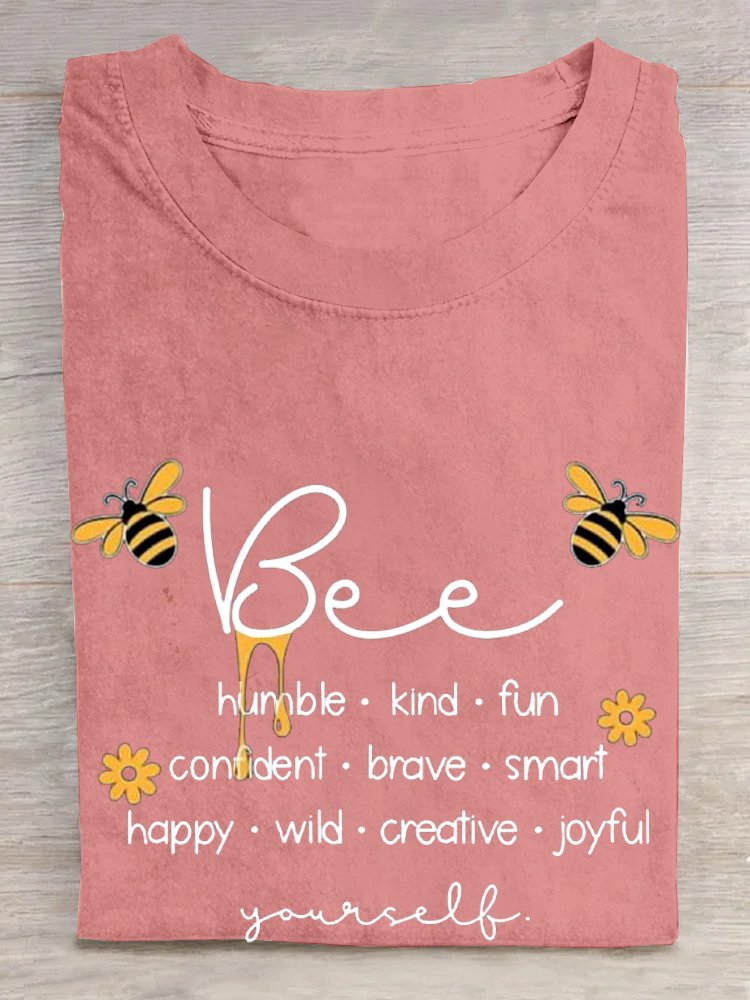 Cotton Casual Crew Neck Bee Letter Pattern T-Shirt