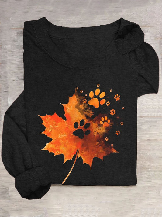 Casual Maple Leaf Printed Long Sleeve T-Shirt