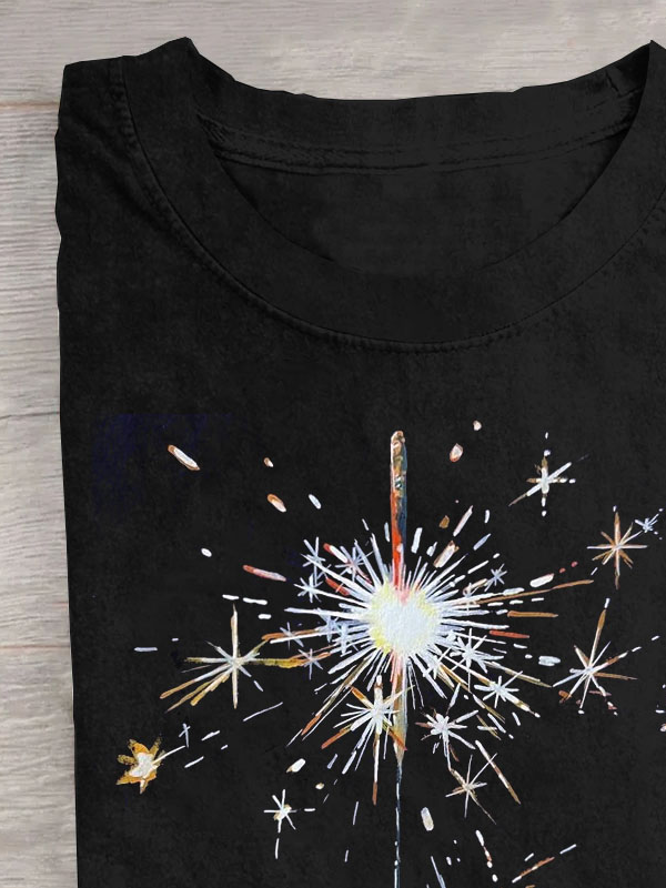 Funny Fireworks Printed Casual Crew Neck T-Shirt