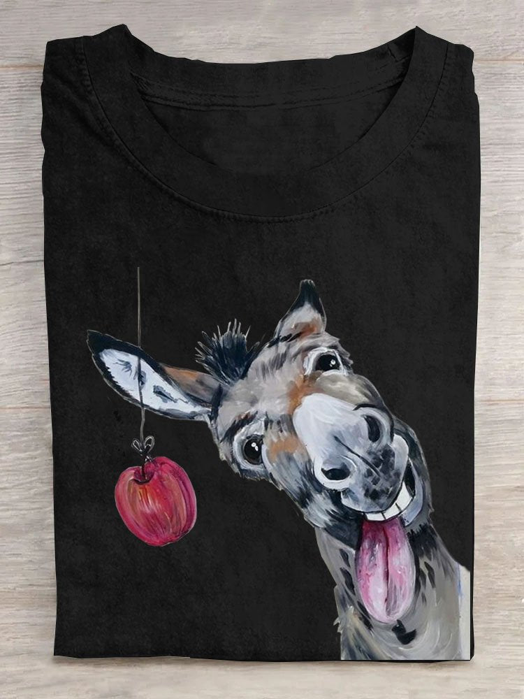 Funny Horse Eat Apple Printed Loose T-Shirt