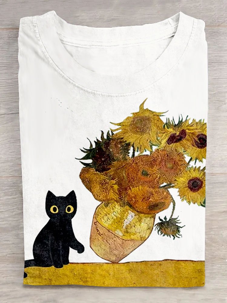 Floral & Cat Prited T-Shirt