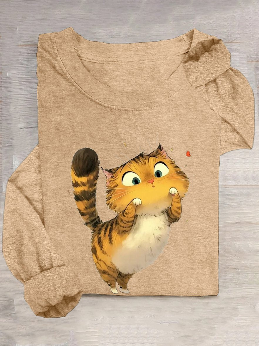 Cotton-Blend Crew Neck Casual Cat T-Shirt