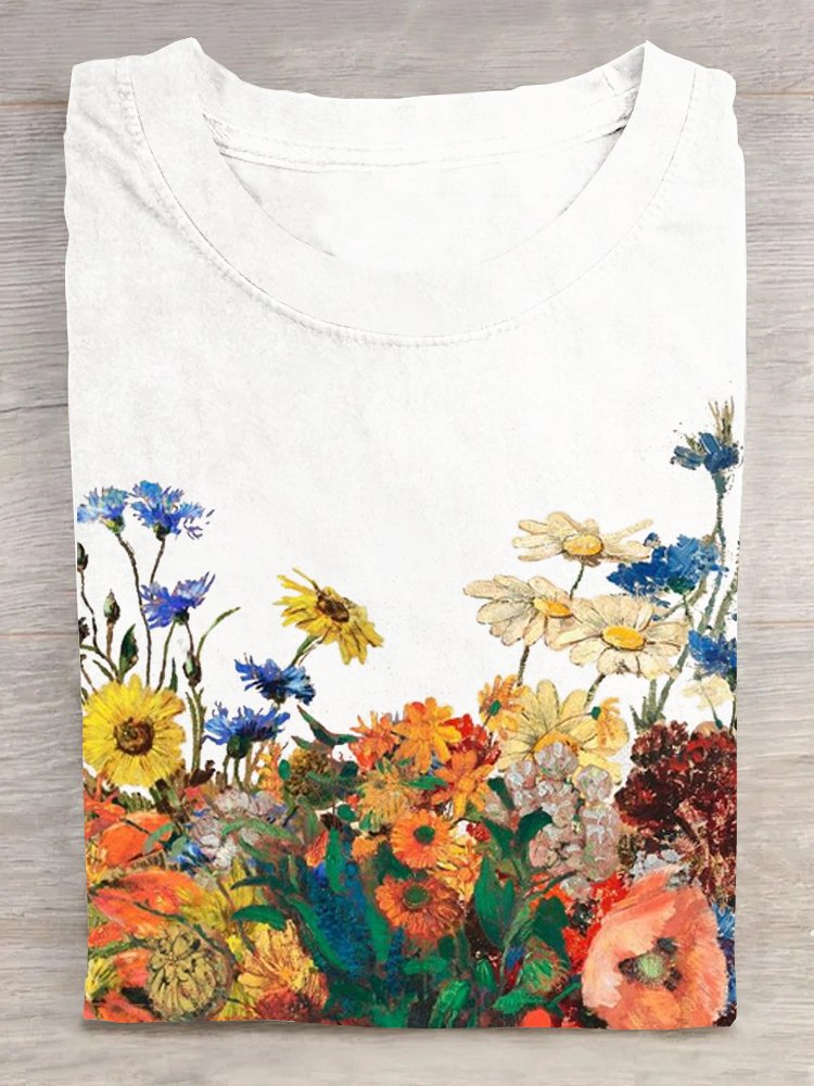 Loose Floral Cotton Casual T-Shirt