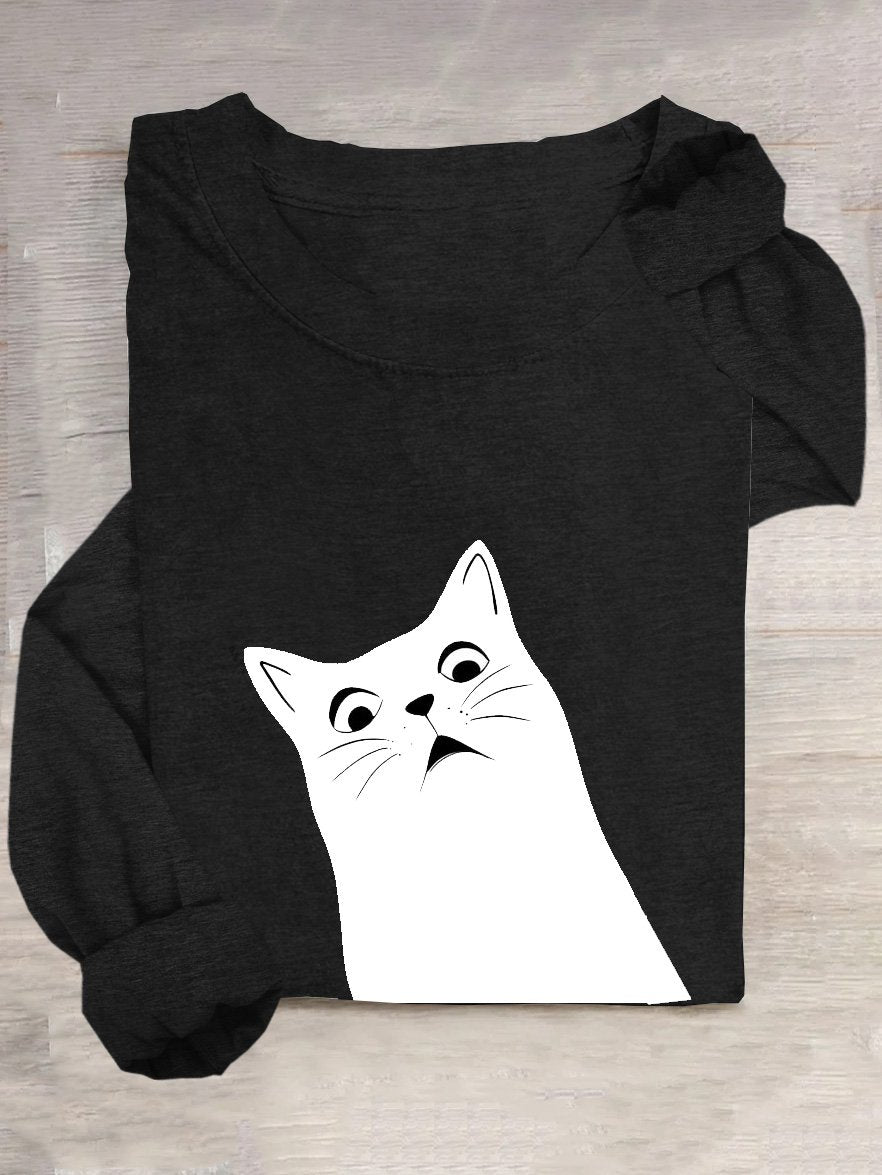 Casual Cat Loose Cotton-Blend T-Shirt