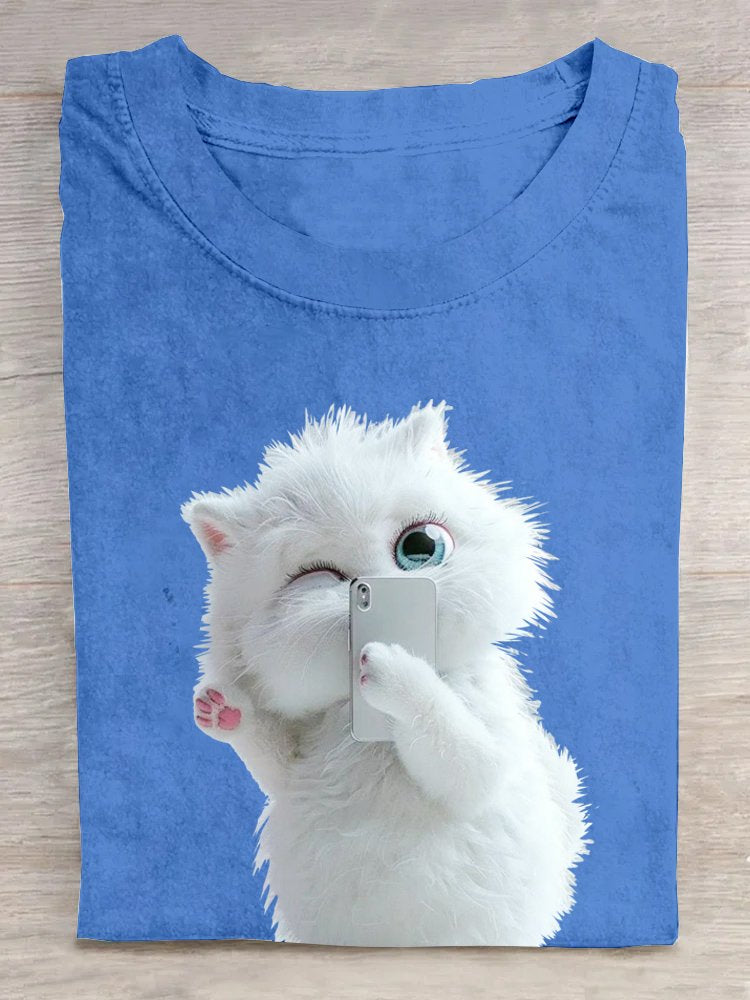 Crew Neck Casual Cat Loose T-Shirt