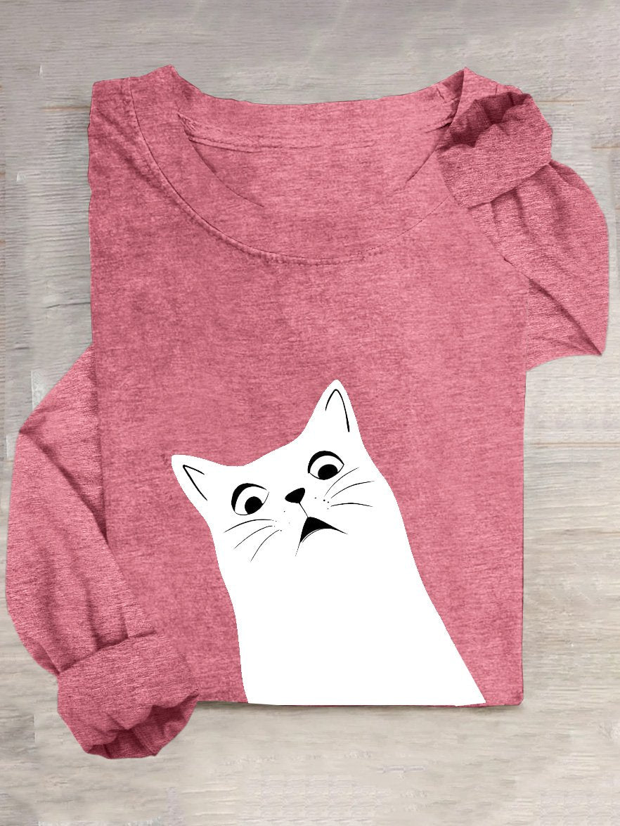 Casual Cat Loose Cotton-Blend T-Shirt