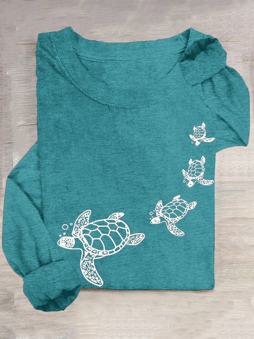 Casual Crew Neck Cotton-Blend Turtle T-Shirt