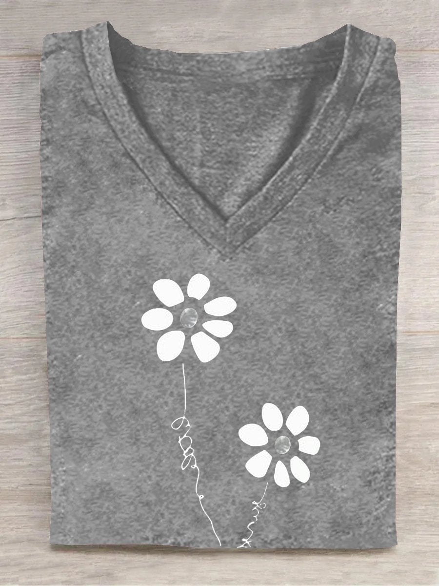 Loose Floral Casual V Neck T-Shirt