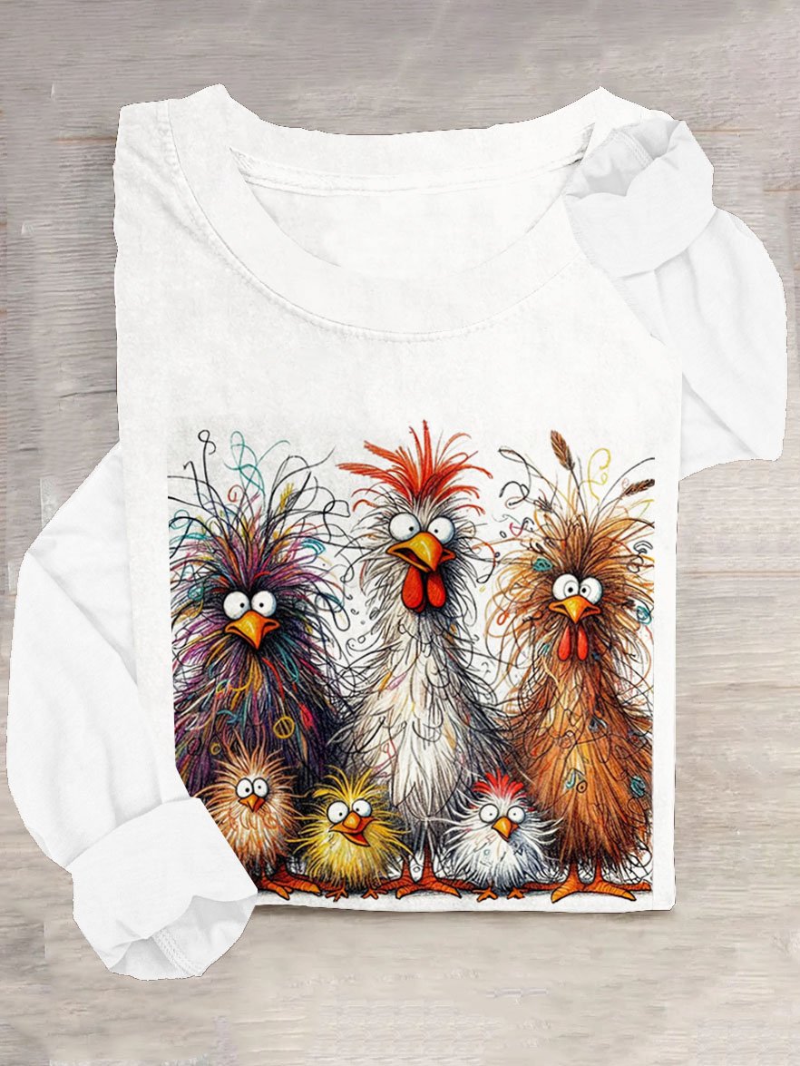 Funny Chicken Art Pritn Long Sleeve Casual T-Shirt