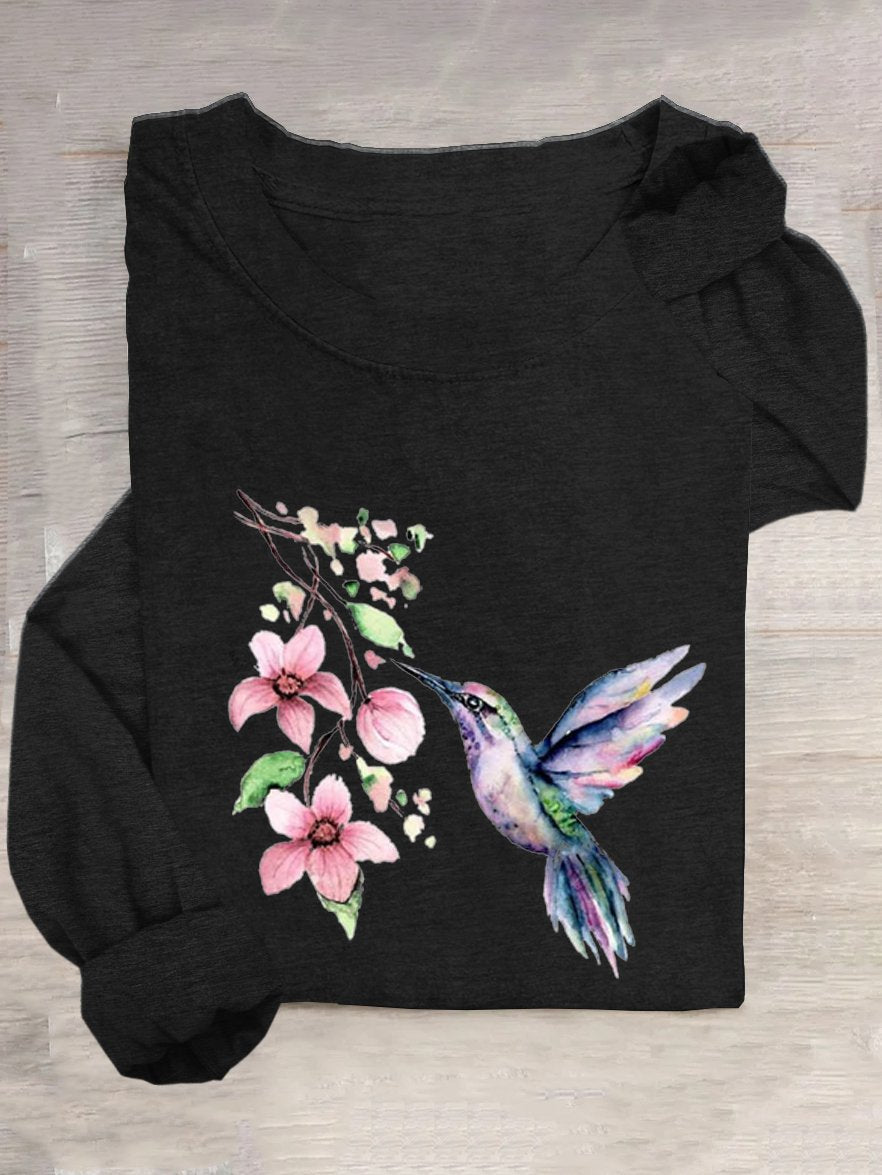 Casual Cotton-Blend Bird T-Shirt