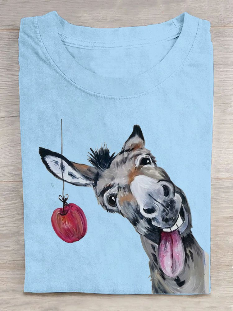 Funny Horse Eat Apple Printed Loose T-Shirt