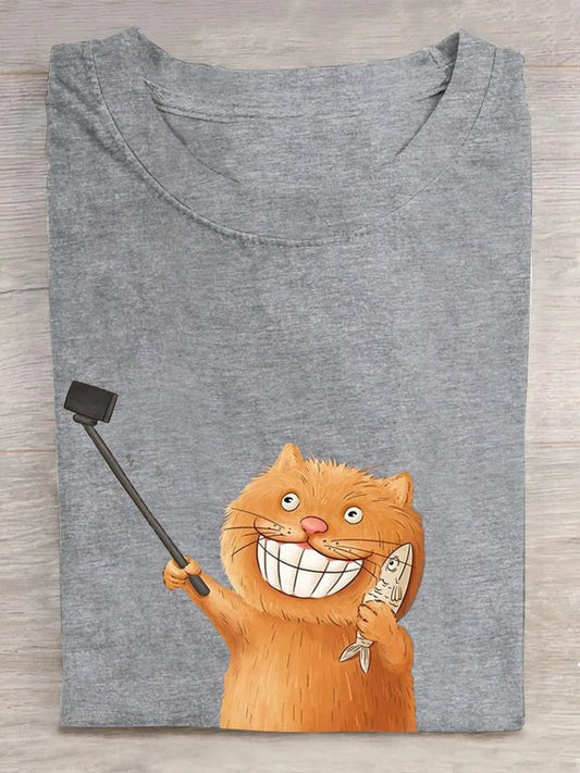 Cotton Crew Neck Cat Casual T-Shirt