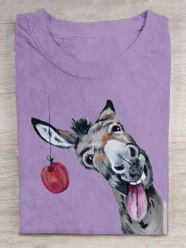 Funny Horse Eat Apple Printed Loose T-Shirt