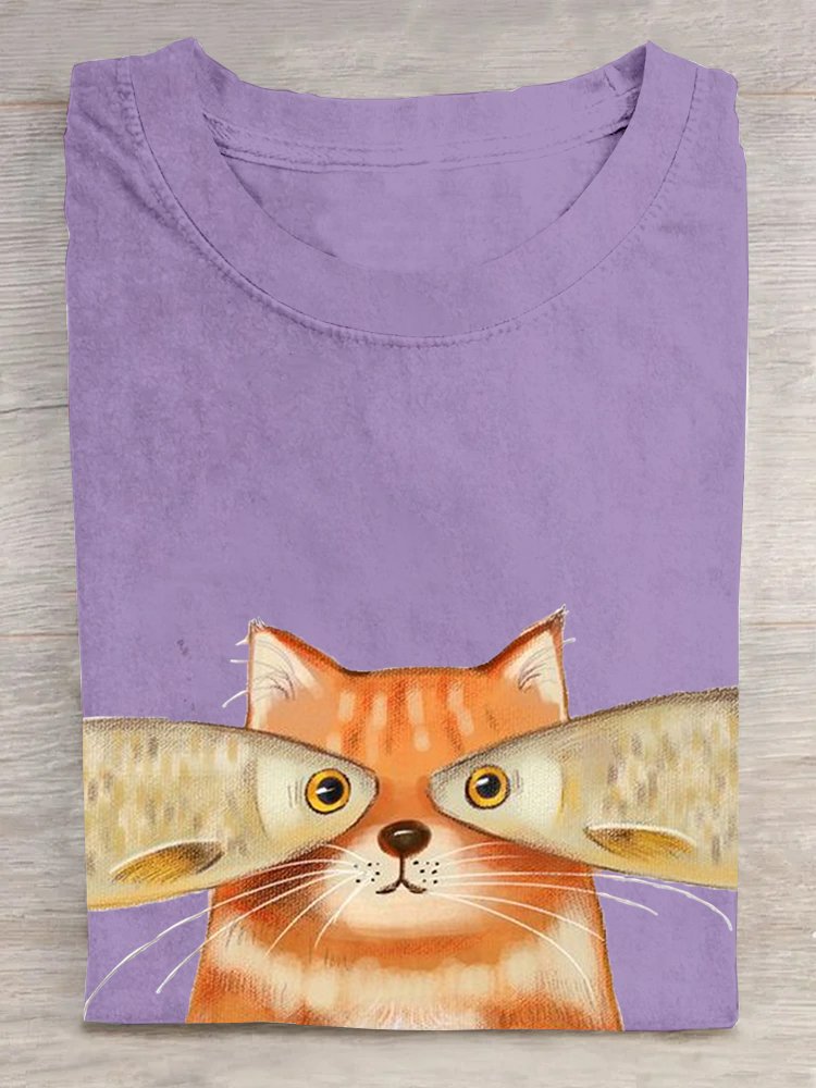 Crew Neck Loose Cat Casual T-Shirt