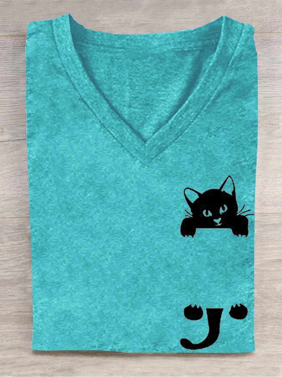 Cat V Neck Casual Cotton-Blend T-Shirt