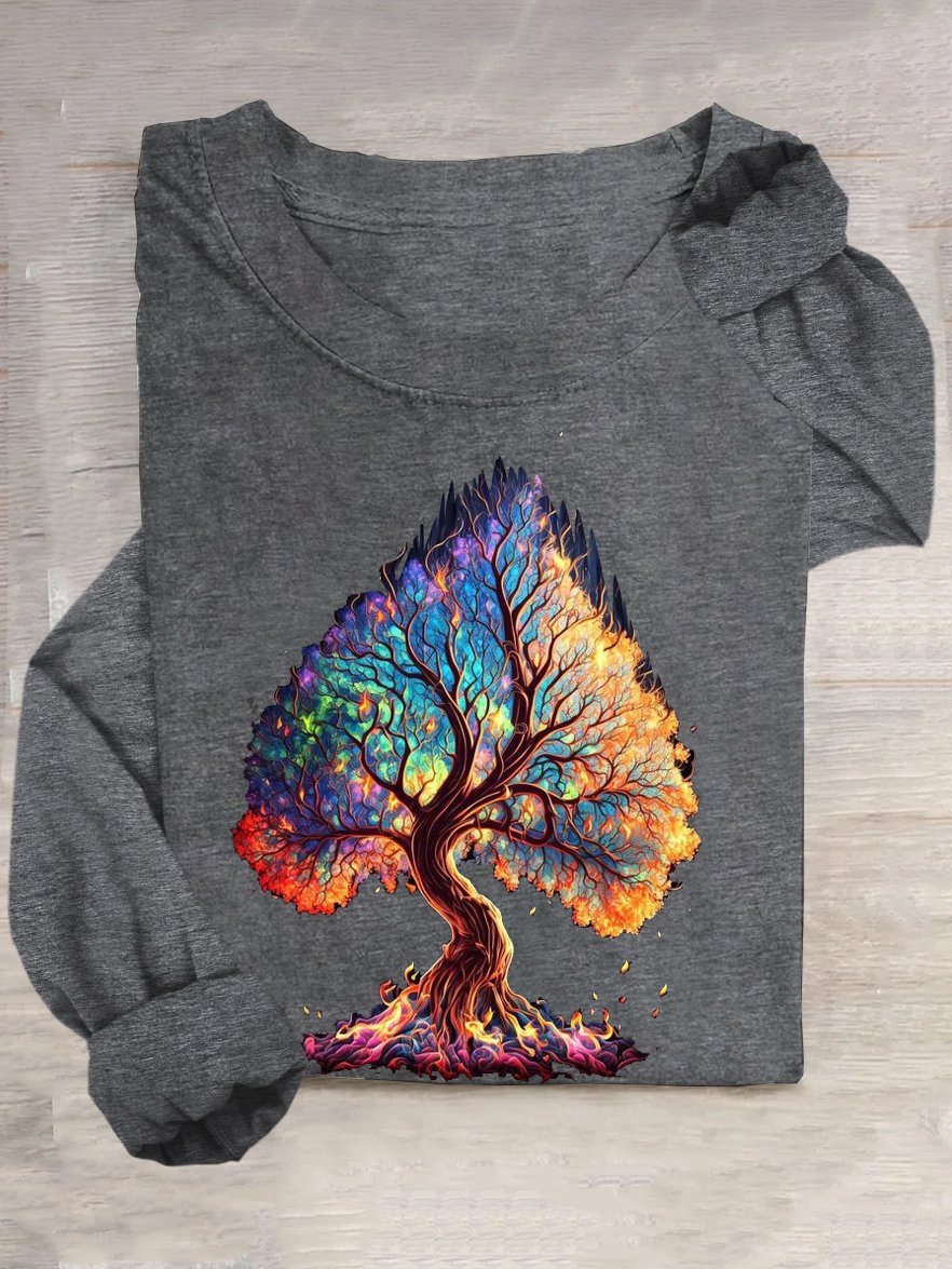 Cotton-Blend Casual Spring/Fall Tree Long Sleeve Loose Crew Neck H-Line T-shirt