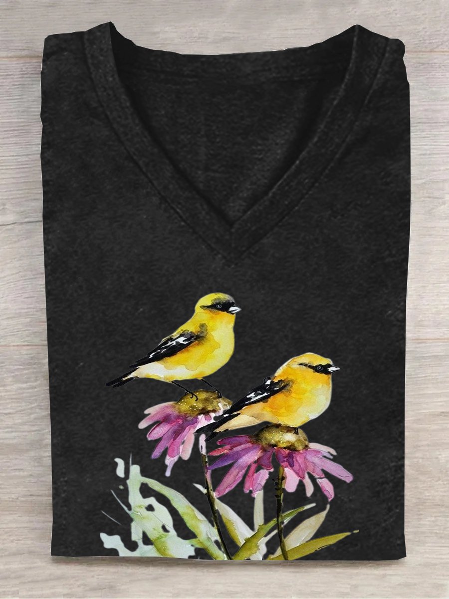 V Neck Cotton Casual Floral T-Shirt