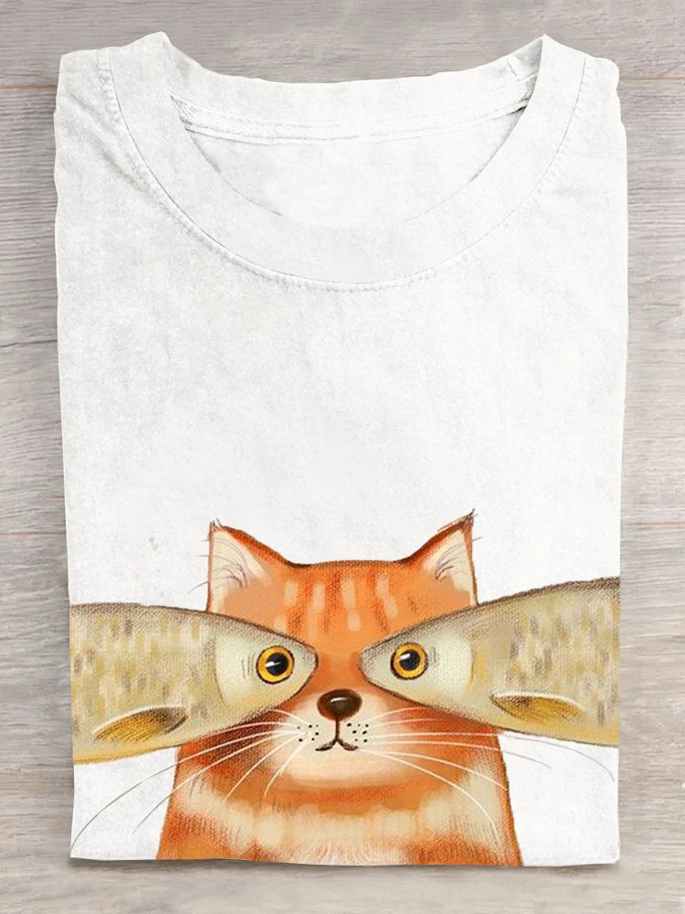 Crew Neck Loose Cat Casual T-Shirt