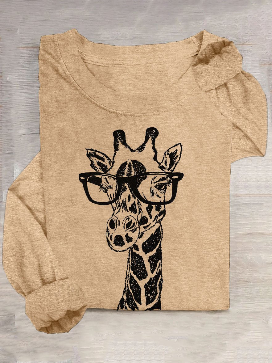 Funny Glasses Giraffe Printed Long SleeveT-Shirt