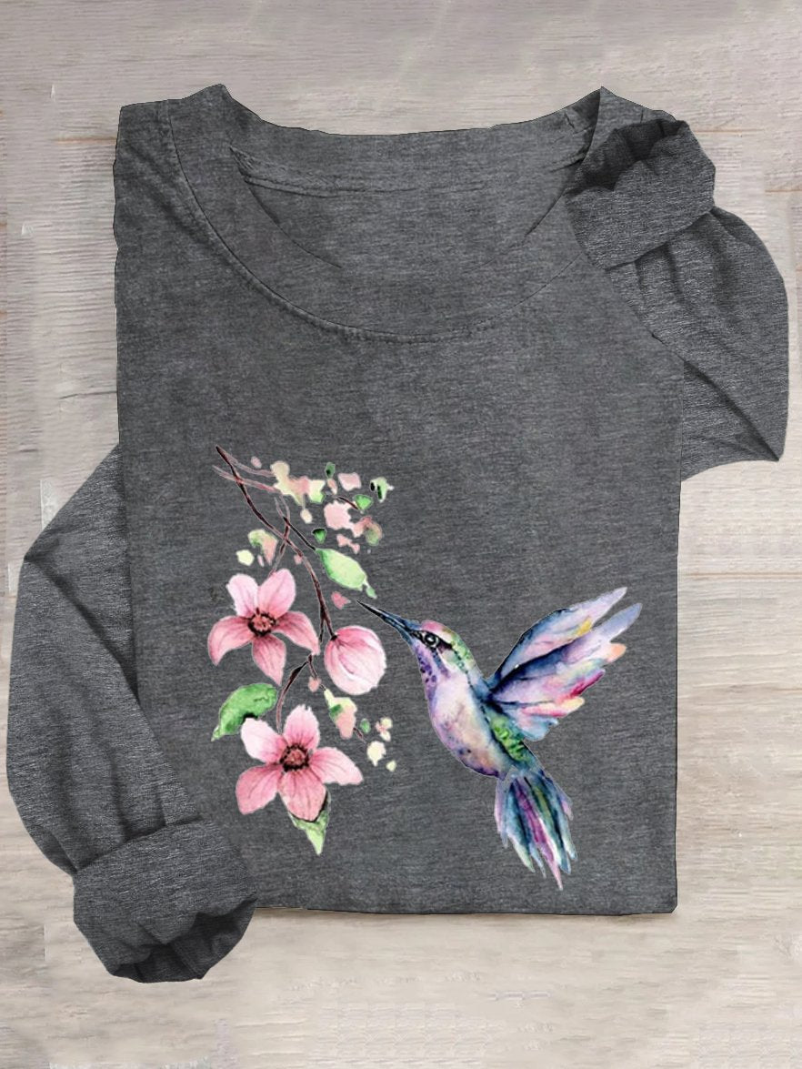 Casual Cotton-Blend Bird T-Shirt