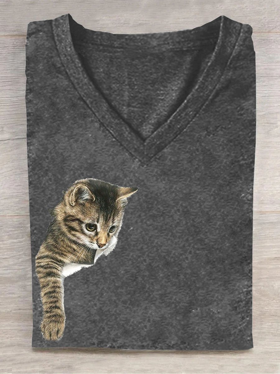 Casual V Neck Cat Cotton T-Shirt