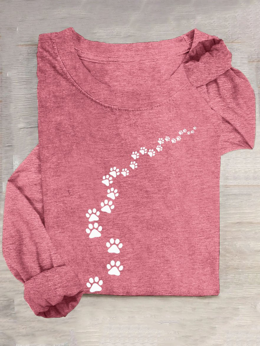 Funny Dog Footprint Pattern Casual Crew Neck Long Sleeve T-Shirt