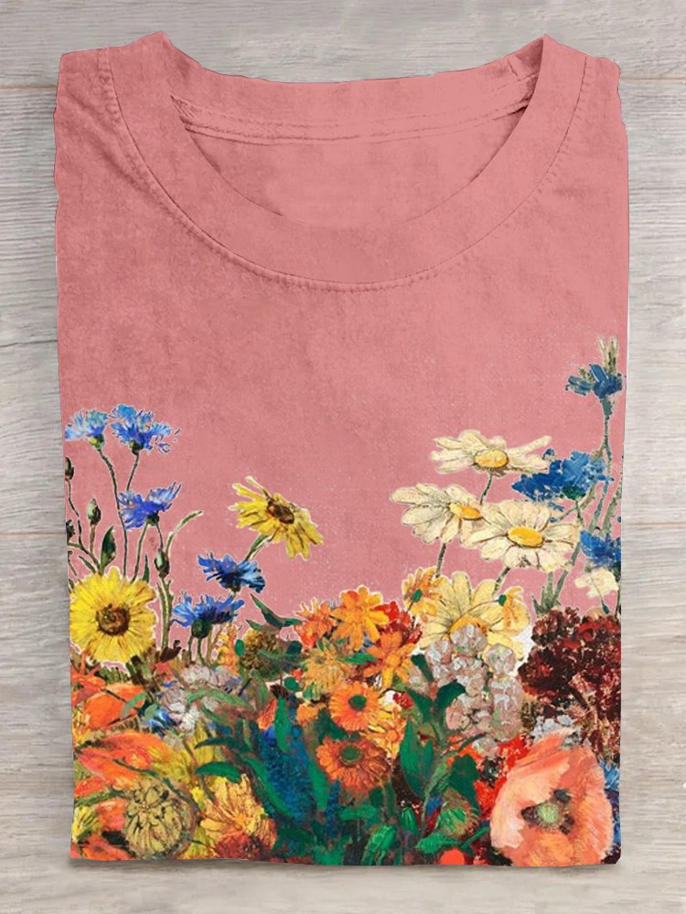 Loose Floral Cotton Casual T-Shirt