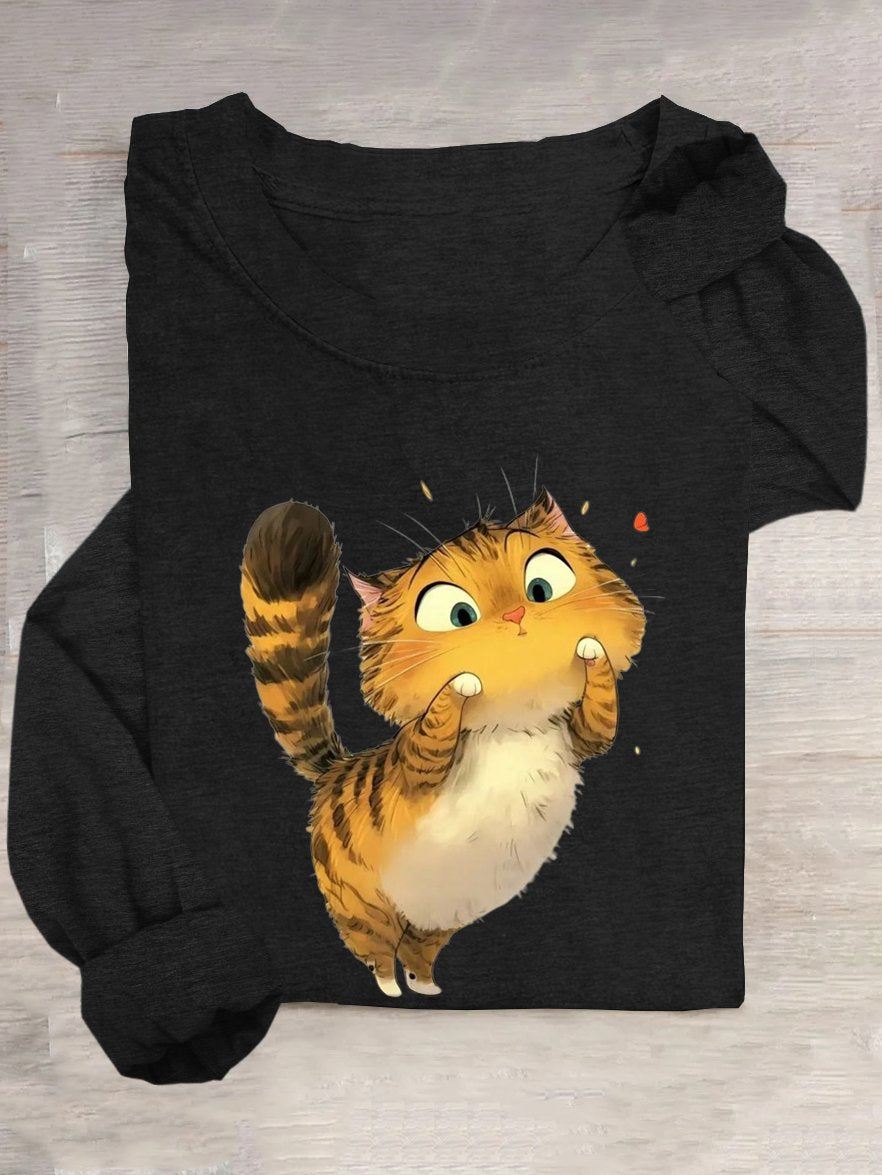 Cotton-Blend Crew Neck Casual Cat T-Shirt