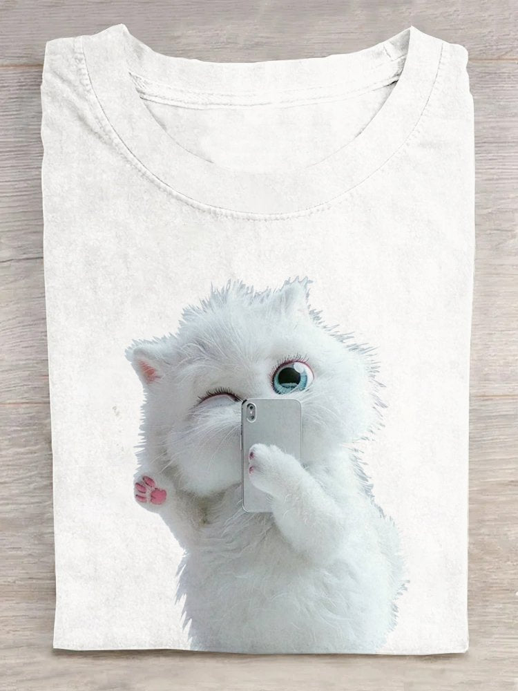 Crew Neck Casual Cat Loose T-Shirt