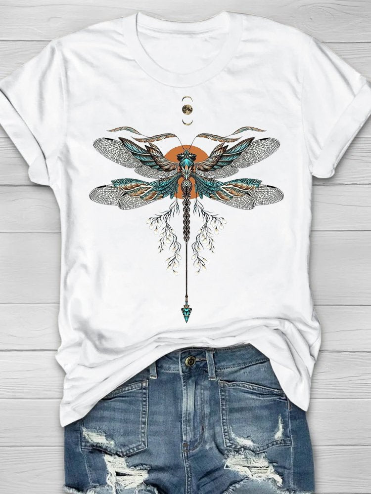 Loose Crew Neck Dragonfly Casual T-Shirt