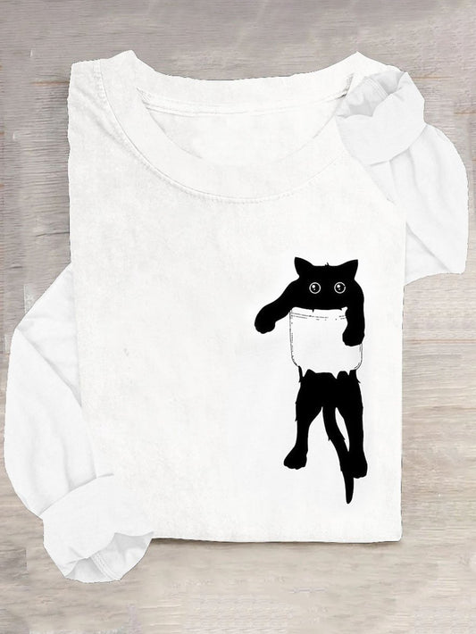 Cat Printed Casual Crew Neck T-Shirt