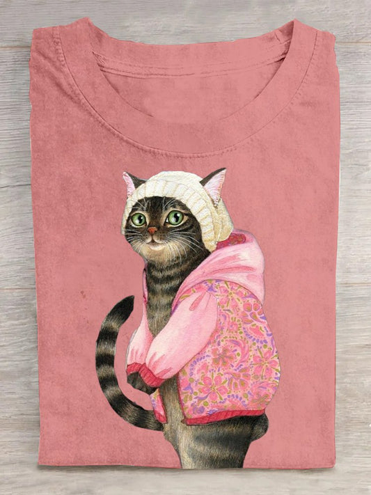 Cotton Casual Summer Cat Short Sleeve Loose Crew Neck H-Line Cotton35%; Polyester65% T-shirt