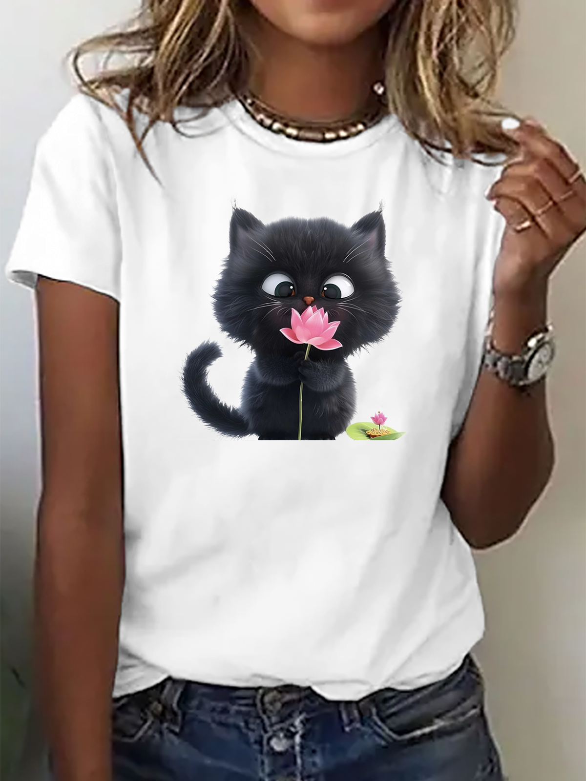 Crew Neck Cat Cotton Casual T-Shirt