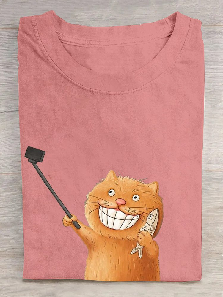 Cotton Crew Neck Cat Casual T-Shirt