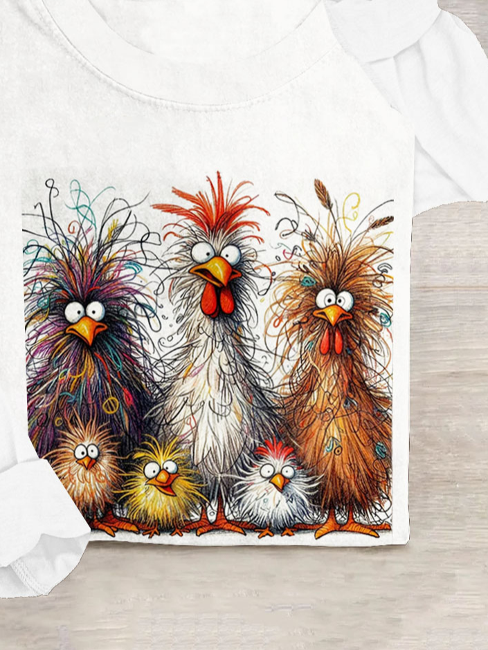 Funny Chicken Art Pritn Long Sleeve Casual T-Shirt