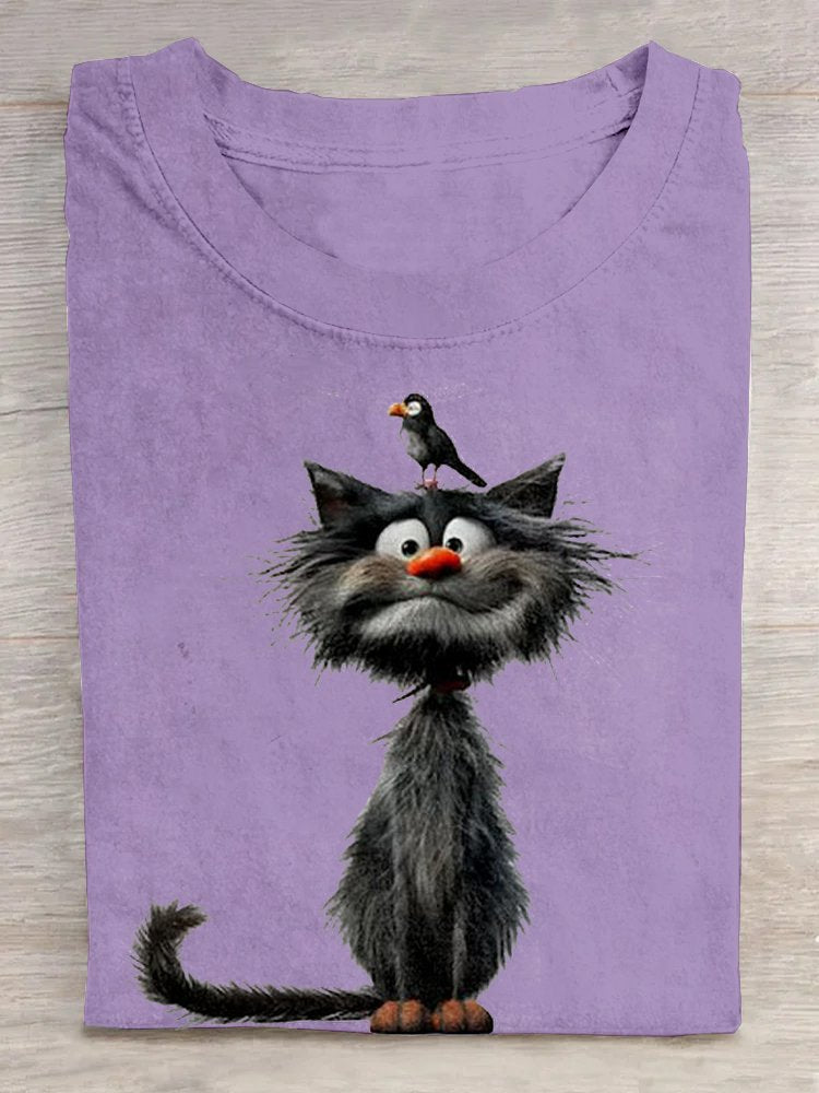 Casual Cat Loose Crew Neck T-Shirt