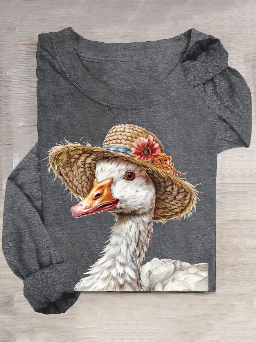 Funny Duck Art Printed Casual Crew Neck Long Sleeve T-Shirt